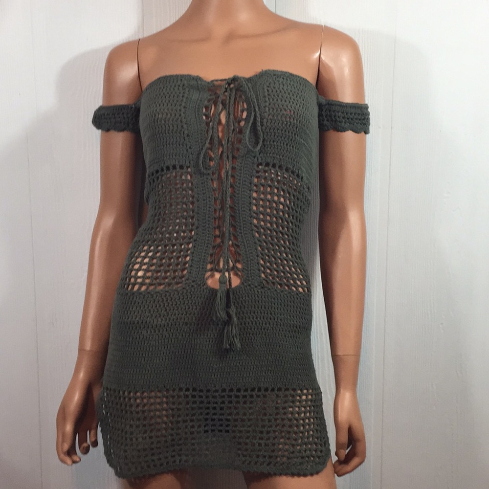 Khaki Green Boho Off Shoulder Dress Crochet - Picture 3 of 8
